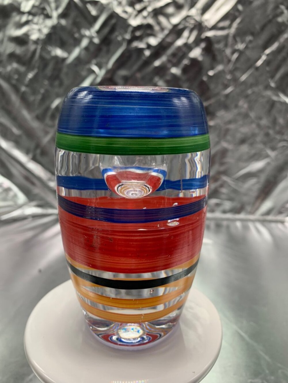 Kosta Boda RIO Striped Candle Holder Red Blue Designed by Ulrica Hydman-Vallien